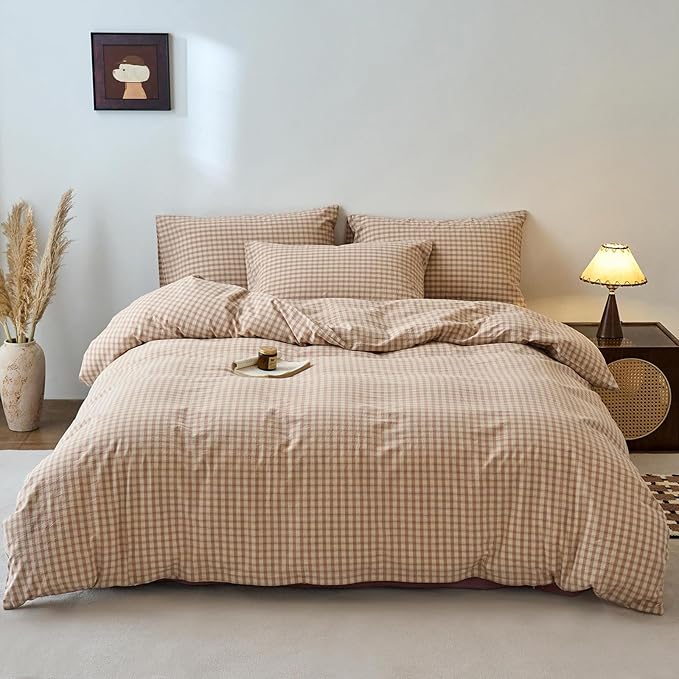Gingham Twin Duvet Cover Blush Pink Washed Cotton Twin Comforter Cover Cute Plaid Checkered Zipper Duvet Cover Set with 2 Pillow Cases Boho Girls Bedding Set Vintage Duvet Protector