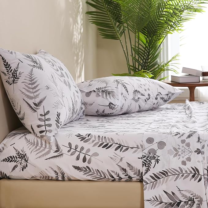 JSD Boho Floral Sheet Set Cal King, 4 Piece Grey Herbs Ferns Printed Microfiber Bed Sheets Deep Pocket