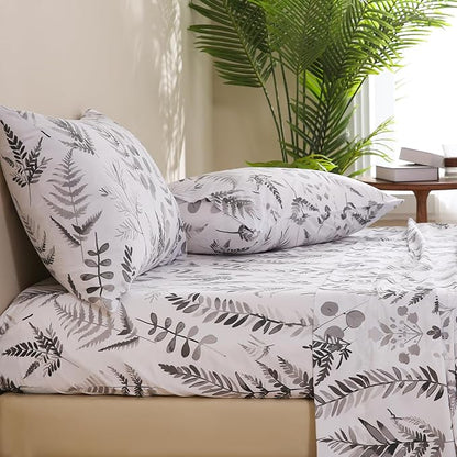 JSD Boho Floral Sheet Set Queen Size, 4 Piece Grey Herbs Ferns Printed Microfiber Bed Sheets Deep Pocket