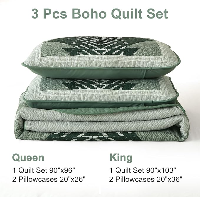 Dintszyayue Green Quilt Set Queen Size,3 Piece Boho Aztec Texture Bedspread Coverlet Set Reversible Lightweight Bedding Set Geometric Bohemian Bed Cover with 2 Pillowcases(Green,90"x96")