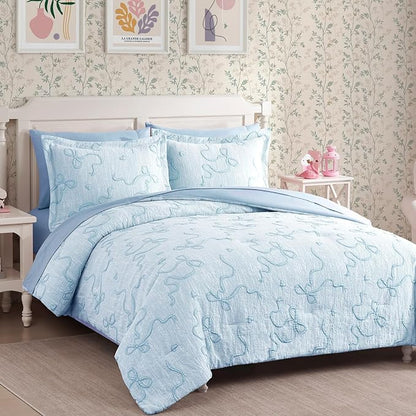 Geniospin Light Blue Twin Comforter Set for Girls- 5 Pieces Bowknot Jacquard Bed in A Bag Twin Bedding Sets with Sheets, Pillowcases & Shams, All Season Kids Comforter Set