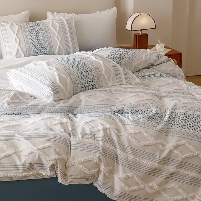 Houseri Tufted Blue Comforter Set Twin Jacquard Bedding Shabby Chic Farmhouse Bed Sets Twin