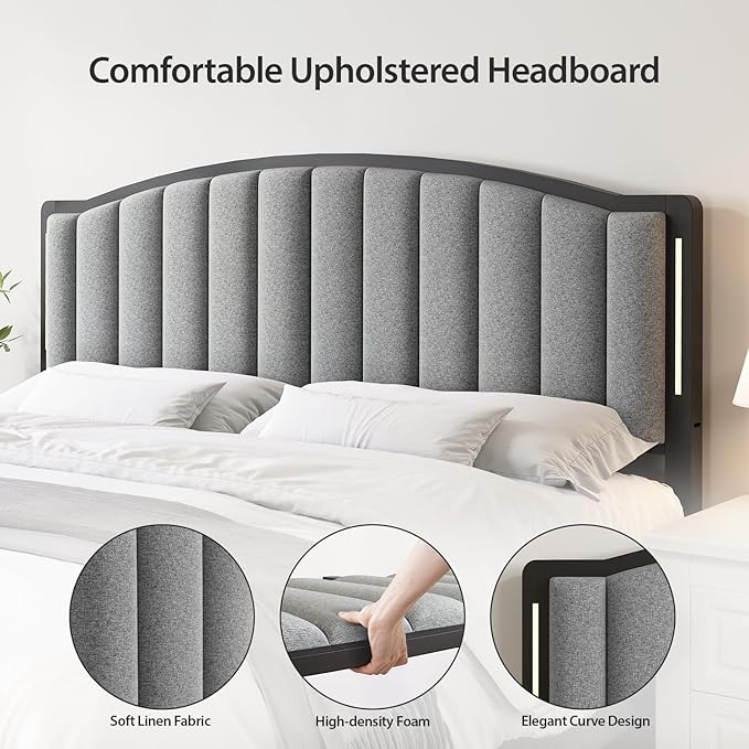 Headboard for King Size Bed with LED Lights, Upholstered Vertical Channel Tufting Head Boards, Linen Fabric Bed Headboard Only, Study & Comfortable, Ideal for Bedroom, Dorm, Guest Room, Grey