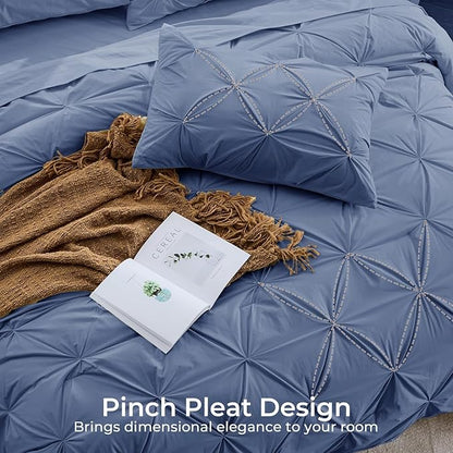 Sasttie King Size Comforter Set, 7-Piece Bed in a Bag, Pintuck Bedding Set for All Season, Includes Comforter, Flat Sheet, Fitted Sheet, Pillowcases and Pillowshams, Slate Blue