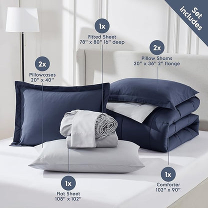 Nestl 7 Piece King Comforter Set – Navy Reversible Bed in a Bag – Complete King Size Bedding Set with Sheets, Pillowcases and Shams