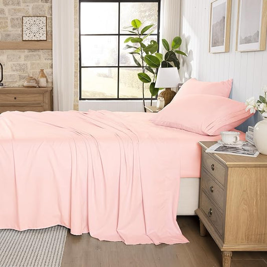 ROSE&RISY Pink Sheets Queen Sheet Set, Pre-Washed Cotton-Like Brushed Microfiber, 4 Pcs Super Soft Breathable Cooling Bed Sets,Includes 1 Fitted, 1 Flat, 2 Pillowcases (Pink, Queen)