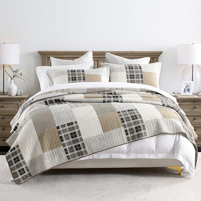PANGUSHAN 100% Cotton Quilt Set King Size, King Size Farmhouse Plaid Patchwork Reversible Rustic Quilt Bedding Set Quilted Bedspread Lightweight Comforter for King Bed, 3pcs, Gray/Cream/Beige