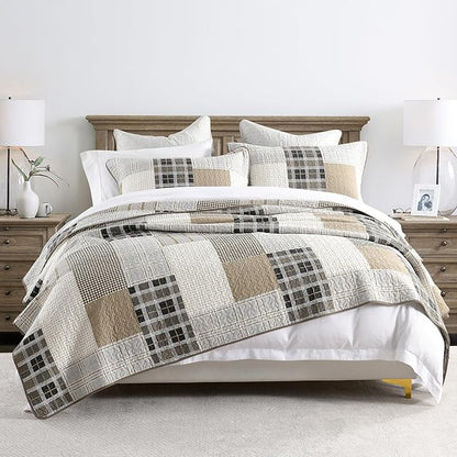 PANGUSHAN 100% Cotton Quilt Set King Size, King Size Farmhouse Plaid Patchwork Reversible Rustic Quilt Bedding Set Quilted Bedspread Lightweight Comforter for King Bed, 3pcs, Gray/Cream/Beige