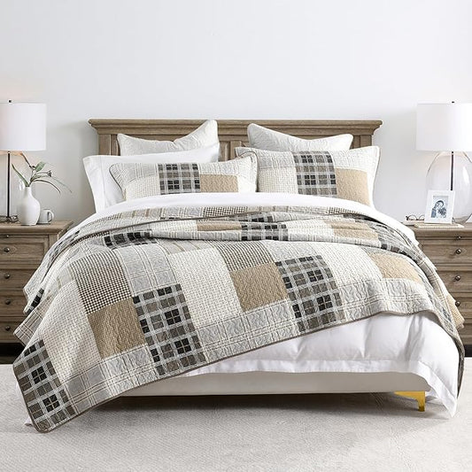 PANGUSHAN 100% Cotton Quilt Set King Size, King Size Farmhouse Plaid Patchwork Reversible Rustic Quilt Bedding Set Quilted Bedspread Lightweight Comforter for King Bed, 3pcs, Gray/Cream/Beige