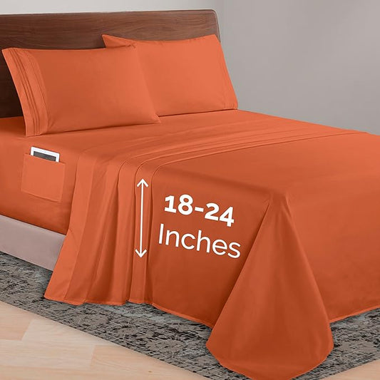 Elegant Comfort Luxurious 1500 Premium Hotel Quality Microfiber 4-Piece Sheet Set, 18-24 Inches Deep - Extra Deep Pocket Sheets - Ultra Soft 4PC Deep Pocket Sheets, King, Coral