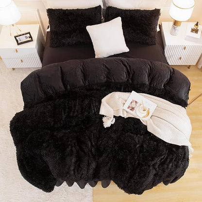 Andency King Size Comforter Set Black, Fluffy Winter Faux Fur Warm Soft Plush Bedding Comforter Set (1 Velvet Comforter & 2 Pillowcases), Fuzzy Thick Heavy Puffy Comforters Bed Set