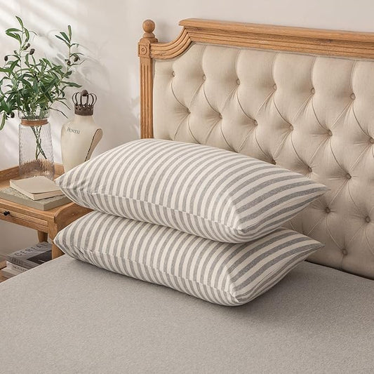 PURE ERA Jersey Knit Pillowcases 100% T-Shirt Cotton Super Soft Comfy Breathable, Set of 2, Standard 20" x 26", Grey & White Stripe