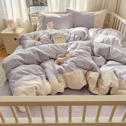 VM VOUGEMARKET Purple Plaid Comforter Set with White Lace Twin XL Kids Teens Mini Checkered Quilt Comforter for Girl's College Dorm Soft Lightweight Cozy Bedding Set