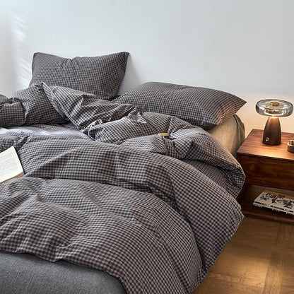 EAVD Vintage Style Dark Grey Plaid Duvet Cover Full 100% Washed Cotton Like Linen Feel Soft Red Grid Gingham Bedding Set with 2 Pillowcases Reversible Retro Dark Grey Gingham Duvet Cover with Zipper