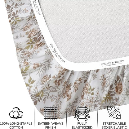 Feather & Stitch Printed 500 TC Full Size 4pc Damask Bed Sheet Set, 100% Soft Cotton Breathable Bedsheets, 18" Deep Pockets Sateen Weave Striped Bedding Mattress Resort Hotel Luxury - Rose Floral