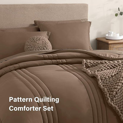 Monbix Super King Plus Size Comforter Set - 7 Pieces Raw Umber Bed in a Bag Super King Plus Bedding Sets with Comforters, All Seasons Comforter Bed Set with Sheets,Pillowcases & Shams