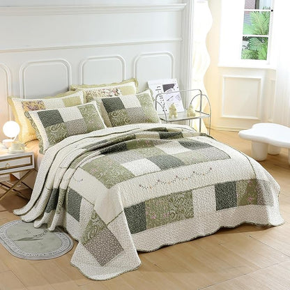 vctops Farmhouse Green 3 Piece Patchwork Quilted Set Floral Embroidery Cotton Bedding Set Lightweight Reversible Bedspread Coverlet 1 Quilt + 2 Pillow Shams (Green Floral,91"x98")