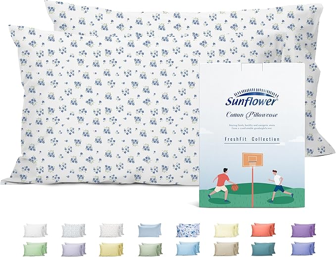 sunflower Queen Pillowcases Set of 2, 100% Cotton Queen Size Pillow Cases 2, 20×30 inches Blue Posy, Soft and Breathable