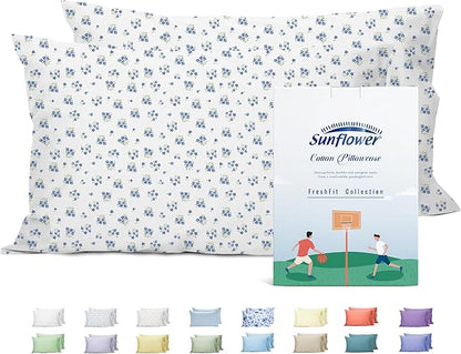Sunflower King Pillowcases Set of 2, 100% Cotton King Size Pillow Cases 2, 20×40 inches Blue Posy, Soft and Breathable