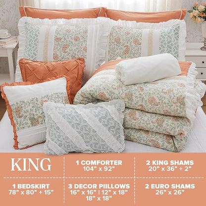 Madison Park Dawn 100% Cotton Shabby Chic Comforter Set-Modern Cottage Design All Season Down Alternative Bedding, Matching Shams, Bedskirt, Decorative Pillows, King(104"x92"), Coral 9 Piece