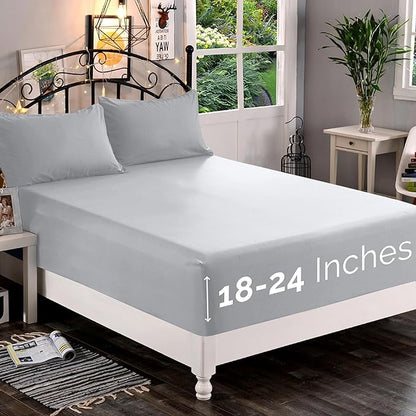Elegant Comfort 1500 Premium Quality Fitted Sheet Ultra Soft 18-24 Inch Extra Deep Pocket - Single Fitted Sheet for High Mattress - Wrinkle Free with Smart Storage Pockets, Full, Silver