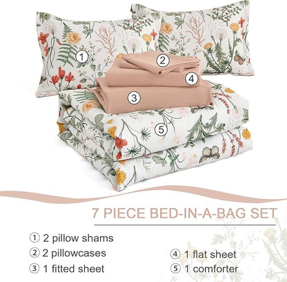Yiran 7 Piece Floral Comforter Set Queen Size, Pink Green Summer Comforter Bedding Set, Botanical Bed in a Bag with Flowers Pattern, Soft Microfiber Complete Bedding Set with Sheets for All Season