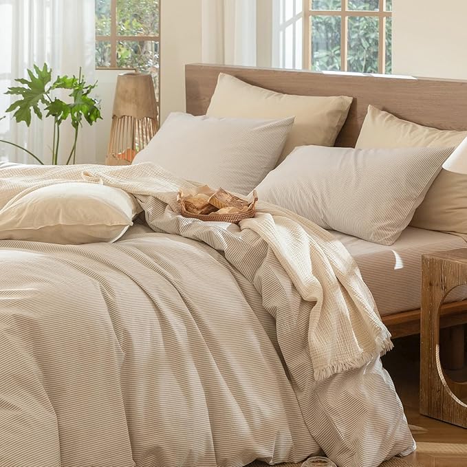 MooMee Bedding Pillowcases Striped Pack of 2 100% Washed Cotton Linen Like Textured Breathable Durable Soft Comfy (Tannish Linen Grey White Pinstripes, Standard)