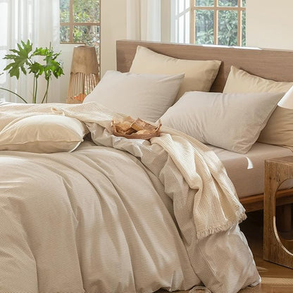 MooMee Bedding Pillowcases Striped Pack of 2 100% Washed Cotton Linen Like Textured Breathable Durable Soft Comfy (Tannish Linen Grey White Pinstripes, Standard)