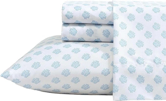 Nautica - Sheet Set, Breathable & Cooling Microfiber Bedding with Matching Pillowcase, Deep Pocket, Fully Elasticized (Coastal Coral Ocean Breeze Blue, Twin XL)