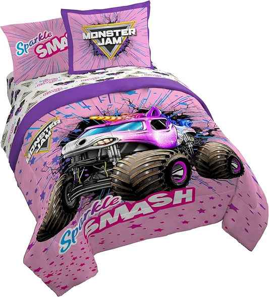 Jay Franco Kids Comforter Set Includes Sheets and Pillow Covers - Soft and Cozy Bed Set for Stylish Room Decor, Pink - Monster Jam, 7 Piece Queen Bedding