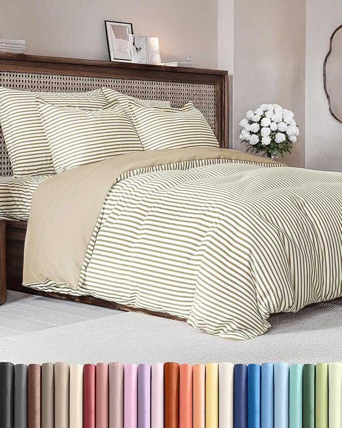 Duvet Cover Queen Size Set - Extra Soft Queen Size Duvet Cover 90 x 90 with 2 Pillow Shams - Hotel Luxury Easy Care & Fade Free w/Zipper Closures & Ties - Comfy Breathable Bedding Set (Beige Stripes)