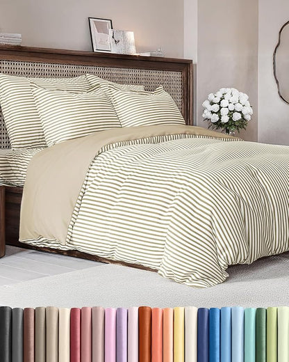 Duvet Cover Queen Size Set - Extra Soft Queen Size Duvet Cover 90 x 90 with 2 Pillow Shams - Hotel Luxury Easy Care & Fade Free w/Zipper Closures & Ties - Comfy Breathable Bedding Set (Beige Stripes)