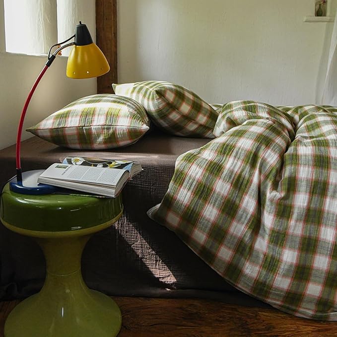 EAVD Vintage Style Gingham Duvet Cover Full Soft 100% Muslin Cotton Yarn-Dyed Textured Chic Pink&Green Grid Plaid Bedding Set with 2 Pillowcases British-Style Plaid Duvet Cover with Zipper