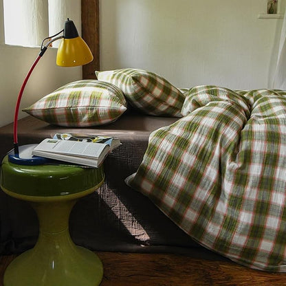 EAVD Vintage Style Gingham Duvet Cover Twin Soft 100% Muslin Cotton Yarn-Dyed Textured Chic Pink&Green Grid Plaid Bedding Set with 2 Pillowcases British-Style Plaid Duvet Cover with Zipper