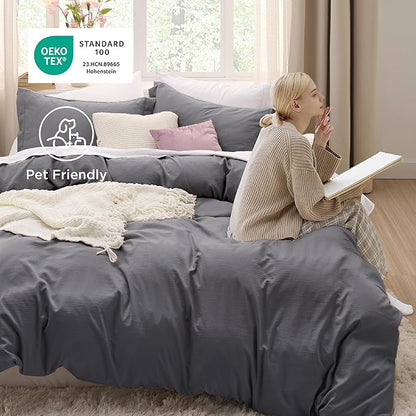 Bedsure Dark Grey Oversized Queen Duvet Cover - 3 Pieces Prewashed Cotton-Like Polyester Extra Soft Bedding Set, Includes 1 Duvet Cover 98x98 Inches with Zipper Closure & 2 Pillow Shams, No Comforter