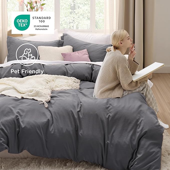 Bedsure Dark Grey Oversized King Duvet Cover - 3 Pieces Prewashed Cotton-Like Extra Soft Bedding Set, Includes 1 Duvet Cover 120x98 Inches with Zipper Closure & 2 Pillow Shams, Comforter Not Included