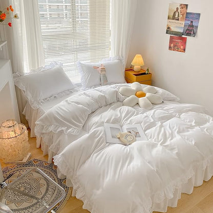 MOOWOO Chic Ruffle Lace Polyester Duvet Cover Set -Girl White Bedding-2 Piece Twin Comforter Duvet Cover with Zipper Closure -Ultra Soft and Light Weight(White, Twin)-NO Including Comforter
