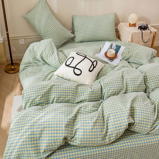 HighBuy Green Gingham Comforter Set Queen Blue Grid Plaid Comforter with 2 Pillowcases,Fluffy Lightweight Checkered Printed Gingham Comforter Set Geometric Checkered Plaid Bedding Set