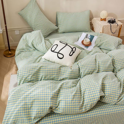 HighBuy Green Gingham Comforter Set Queen Blue Grid Plaid Comforter with 2 Pillowcases,Fluffy Lightweight Checkered Printed Gingham Comforter Set Geometric Checkered Plaid Bedding Set