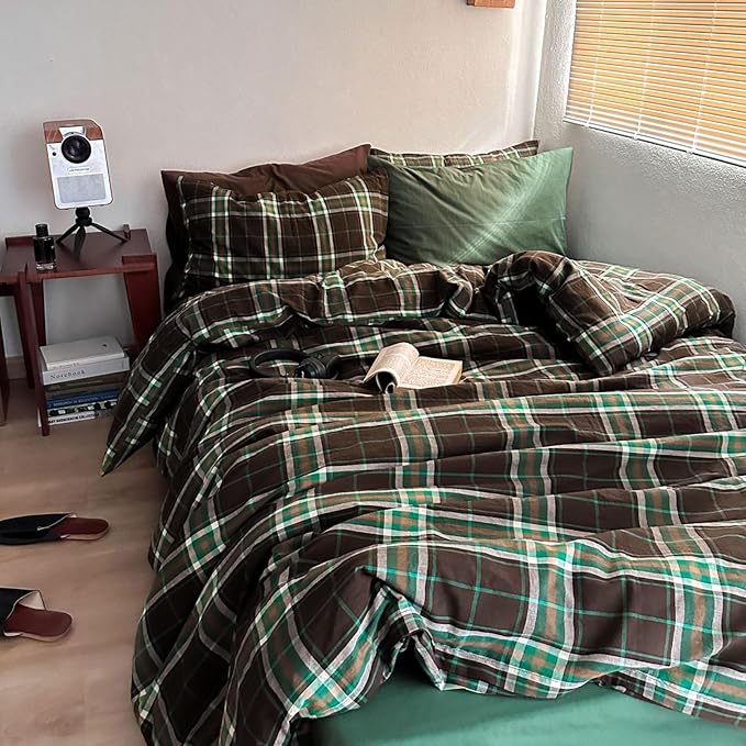 Brown & Green Buffalo Plaid Duvet Cover Set Twin 3 Piece Vintage Checkered Grid Bedding Set 100% Washed Cotton Plaid Comforter Cover Farmhouse Grid Pattern Breathable Duvet Cover with 2 Pillowcases