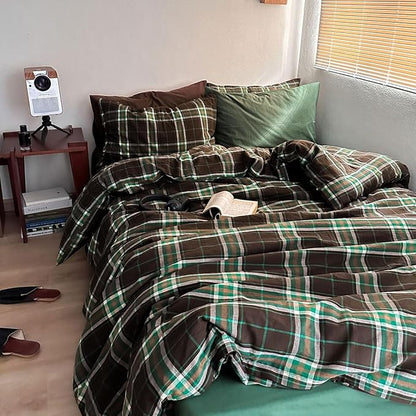 Brown & Green Buffalo Plaid Duvet Cover Set Twin 3 Piece Vintage Checkered Grid Bedding Set 100% Washed Cotton Plaid Comforter Cover Farmhouse Grid Pattern Breathable Duvet Cover with 2 Pillowcases