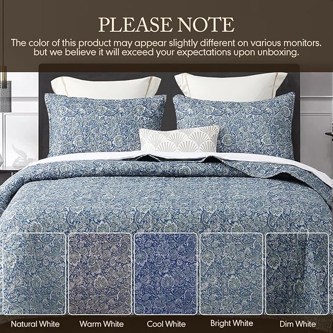 DURLENGEN Quilt Set California King Size 3Pcs,Soft Microfiber Lightweight Bedspread,Blue & Green Paisley Floral Geometric Pattern Coverlet for All Season Layering(Cal King 112x104,Paisley Blue)