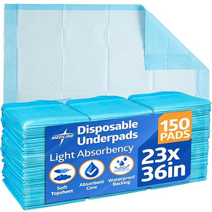 Medline Light Absorbency Disposable Underpads, Quilted Fluff Core, 23" x 36'', 150 Count