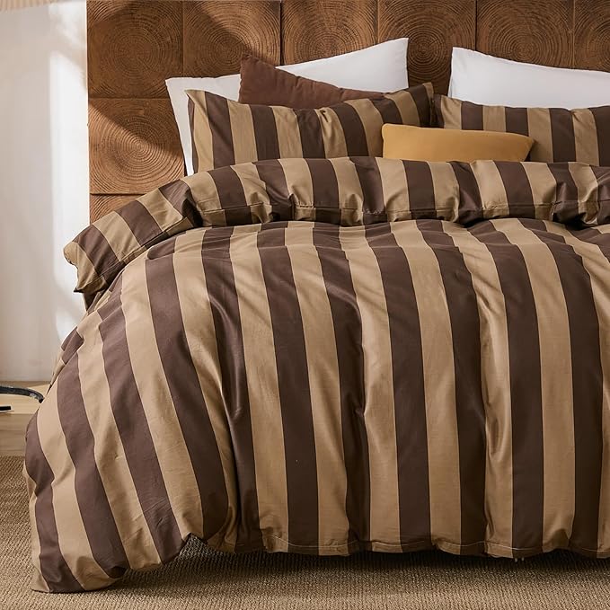 Merryword Brown Striped Duvet Cover Set King Size, 100% Natural Cotton Linen Like Duvet Cover Set with Zipper Closure & 8 Corner Ties, Brown Khaki Soft Reversible Bedding for All Seasons