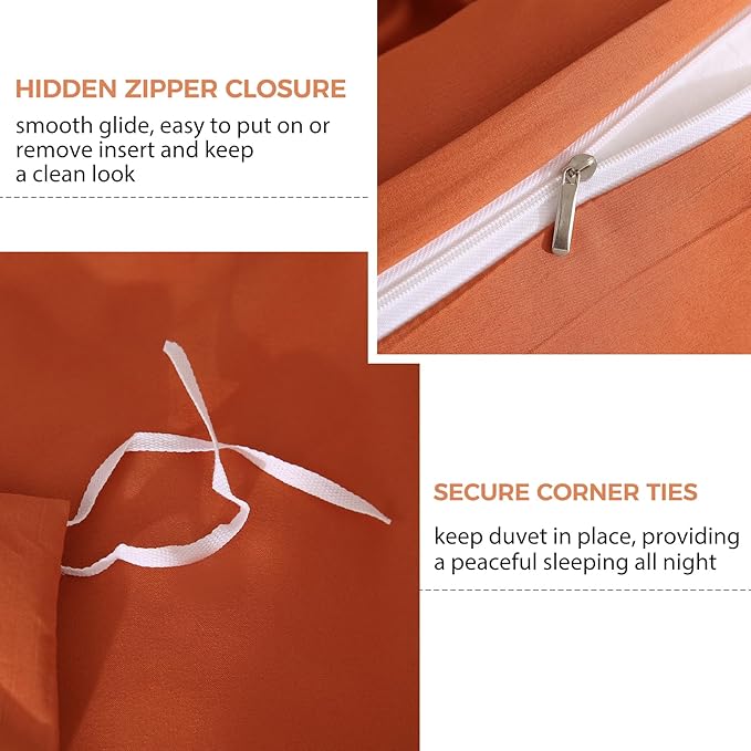 JSD Burnt Orange Duvet Cover Set King Size, 3 Piece Duvet Cover with Pillow Shams, Soft Brushed Microfiber Zipper Closure, Comforter Not Included