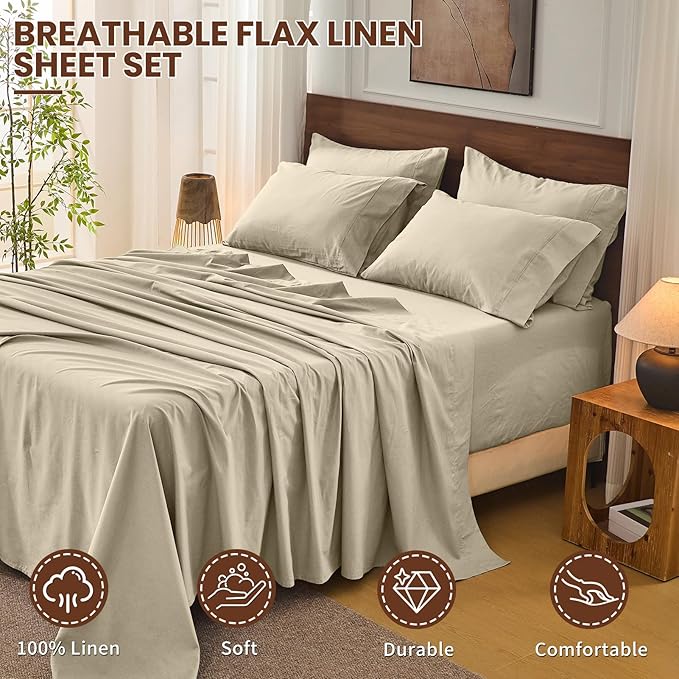 Bedlifes 100% French Flax Linen Sheets Set California King Size-6 Piece Extra Deep Pocket 18-24",Soft Breathable Cal King Bed Sheets with Temperature Regulating & Moisture-Wicking(Taupe)
