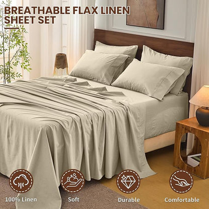 Bedlifes 100% French Flax Linen Sheets Set California King Size-6 Piece Extra Deep Pocket 18-24",Soft Breathable Cal King Bed Sheets with Temperature Regulating & Moisture-Wicking(Taupe)