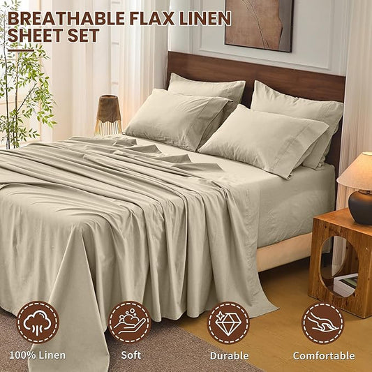 Bedlifes 100% French Flax Linen Sheets Set King Size - 6 Piece Extra Deep Pocket 18-24",Soft Breathable King Bed Sheets with Temperature Regulating & Moisture-Wicking(Taupe