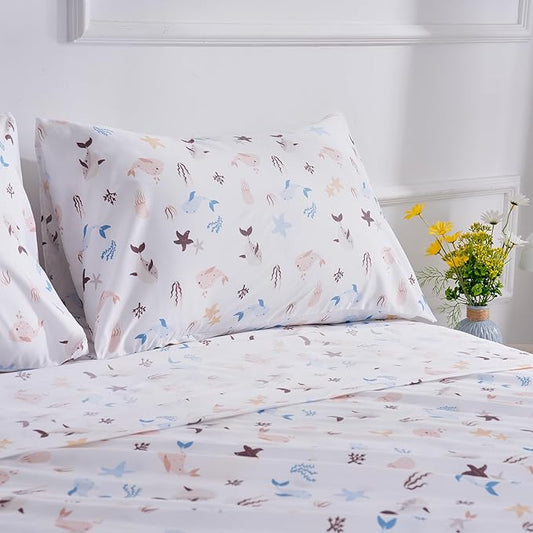 Sea Animal Twin Sheets Fish Whale Underwater World Cute Cozy Fun Twin Bed Sheet Set for Kids Girls Boys Children - Kids Bed Sheet Collection - Deep Pocket, Wrinkle Free and Soft Bedding - 3PC