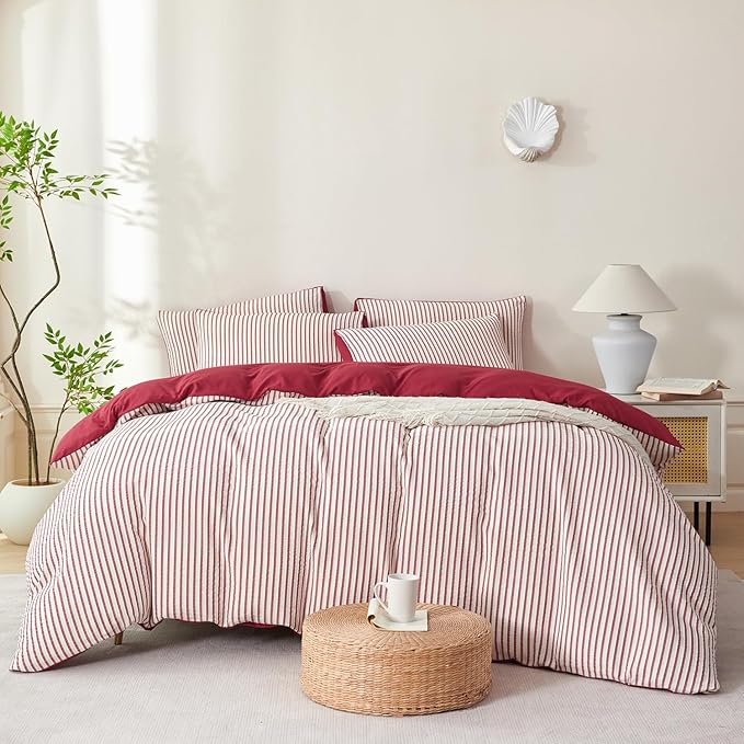 Comforter Set King Size Brick Red Striped Soft Luxury Washed Microfiber Jacquard 3 Pieces White Brick Red Vertical Ticking Stripes Pattern Comforter with 2 Pillowcases Breathable Durable Comfy